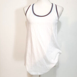 NEW!! Sundry Womens SIZE 4 (XL) White Racerback Tank Top Striped Blue Trim USA